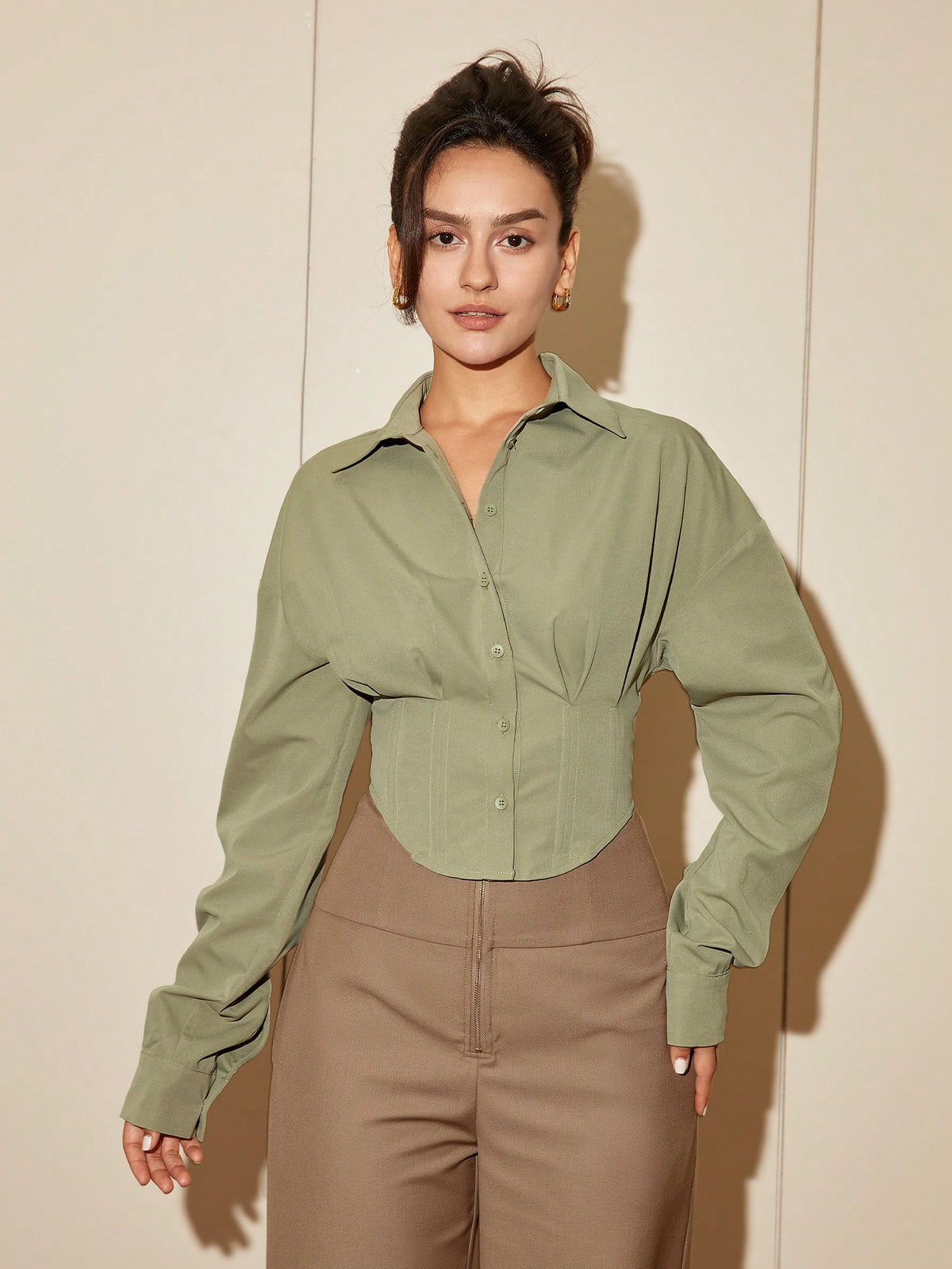 Solid Drop Shoulder Button Front Shirt