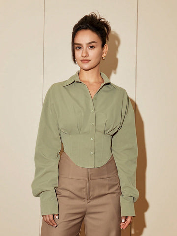 Solid Drop Shoulder Button Front Shirt