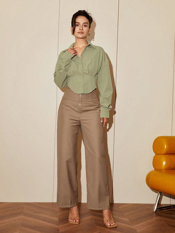 Solid Drop Shoulder Button Front Shirt