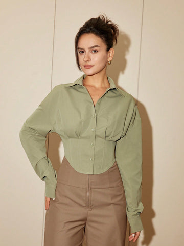 Solid Drop Shoulder Button Front Shirt