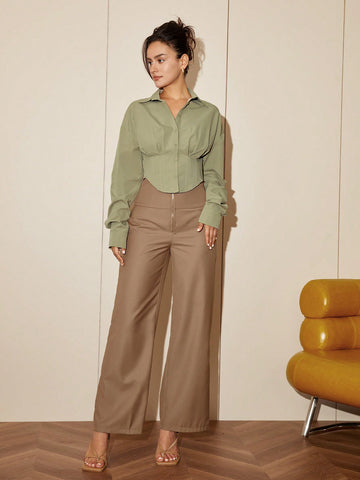 Solid Drop Shoulder Button Front Shirt
