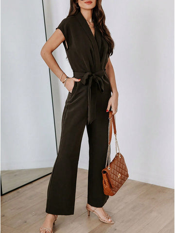 Solid Fabiola Pocket Tie Waist Wide Leg Jumpsuit