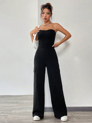 Solid Flap Pocket Side Tube Jumpsuit