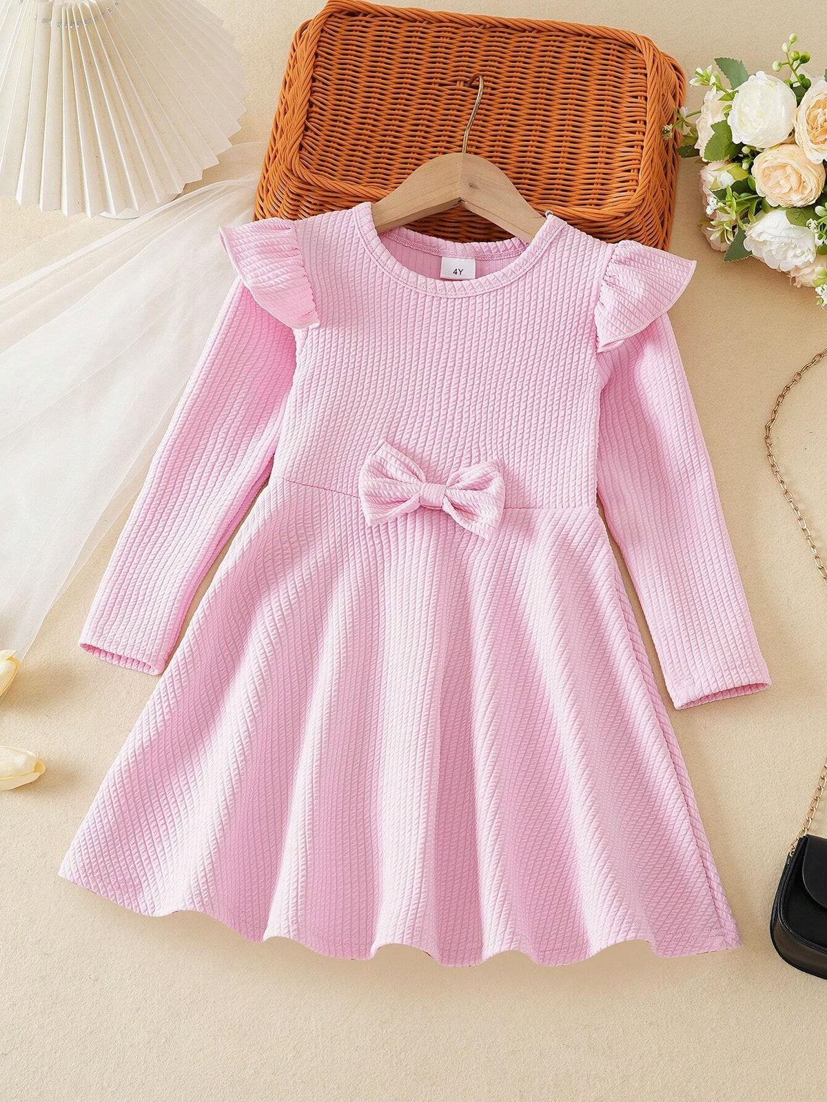Solid Flutter Trim Long Sleeve Dress Girls Spring Fall Gift Party