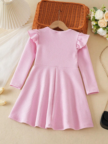 Solid Flutter Trim Long Sleeve Dress Girls Spring Fall Gift Party