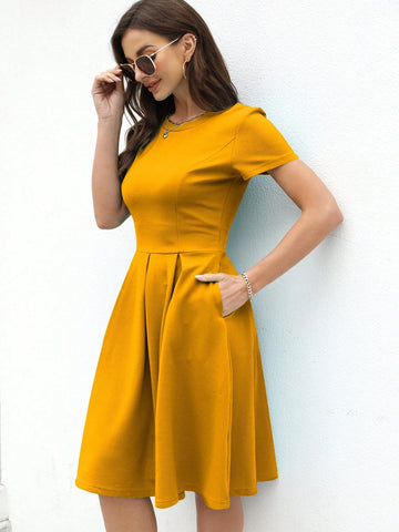 Solid Hidden Pocket Pleated Hem Dress