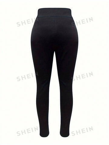 Solid High Waist Pants, Casual Contrast Faux Leather Skinny Pants, Women's Clothing