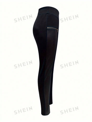 Solid High Waist Pants, Casual Contrast Faux Leather Skinny Pants, Women's Clothing