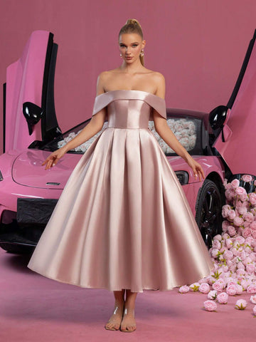 Solid Off Shoulder Lace Up Back Satin Prom Dress