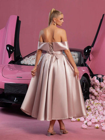 Solid Off Shoulder Lace Up Back Satin Prom Dress