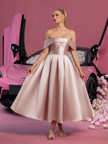 Solid Off Shoulder Lace Up Back Satin Prom Dress