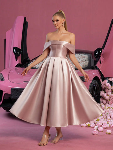 Solid Off Shoulder Lace Up Back Satin Prom Dress