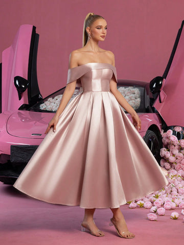 Solid Off Shoulder Lace Up Back Satin Prom Dress