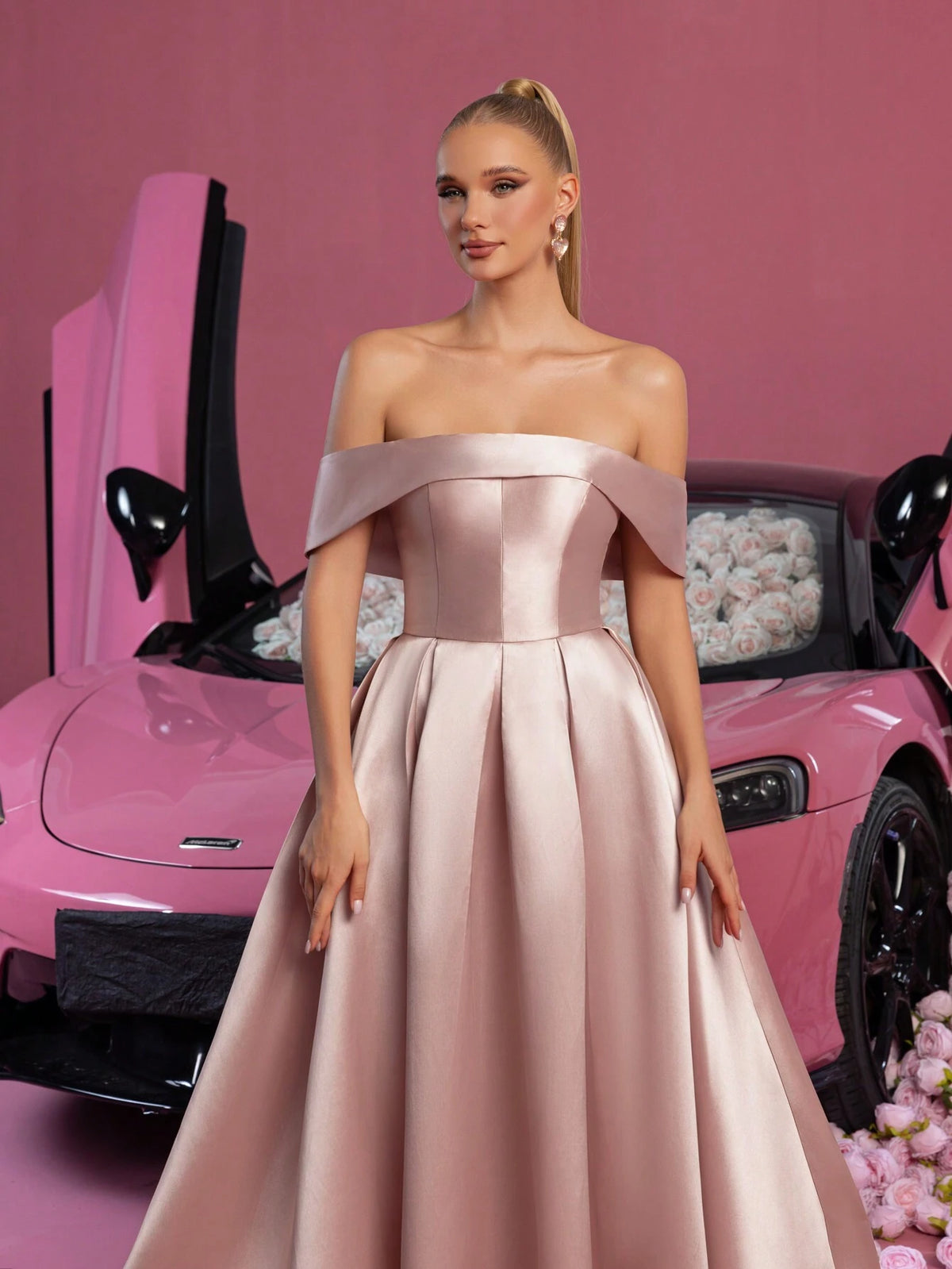 Solid Off Shoulder Lace Up Back Satin Prom Dress