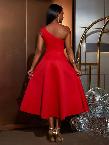 Solid One Shoulder Pleated Front Christmas Party Dress, Elegant Dress, For New Year Eve