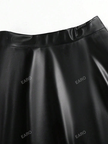 Solid PU Leather Flare Skirt