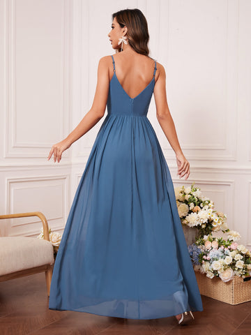 Solid Rhinestone Detail Split Thigh Chiffon Bridesmaid Dress