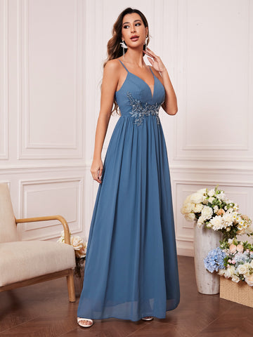 Solid Rhinestone Detail Split Thigh Chiffon Bridesmaid Dress