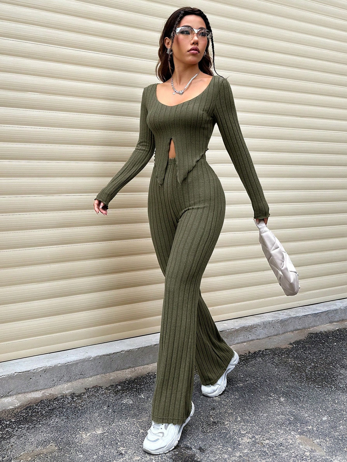 Solid Ribbed Knit Two Piece Set