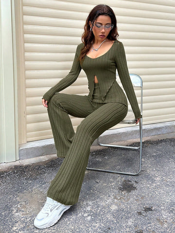 Solid Ribbed Knit Two Piece Set