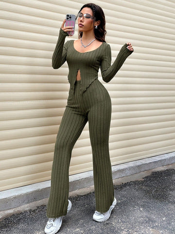 Solid Ribbed Knit Two Piece Set