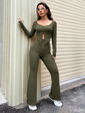 Solid Ribbed Knit Two Piece Set