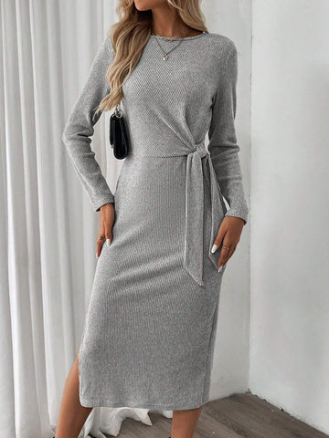 Solid Round Neck Long Sleeve Rib-Knit Knot Side Split Thigh Dress