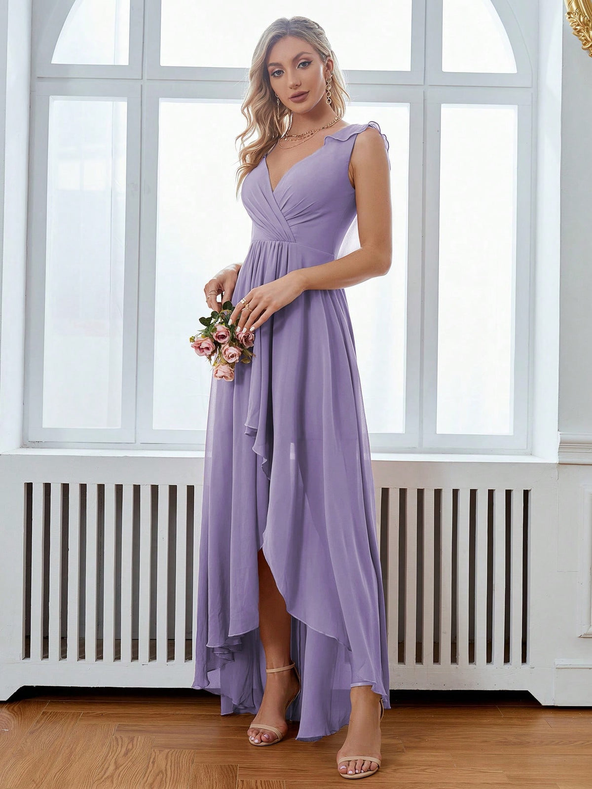 Solid Ruched Bust Asymmetrical Hem Chiffon Bridesmaid Dress