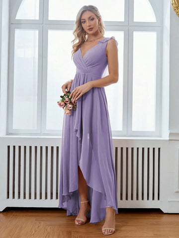 Solid Ruched Bust Asymmetrical Hem Chiffon Bridesmaid Dress
