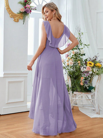 Solid Ruched Bust Asymmetrical Hem Chiffon Bridesmaid Dress