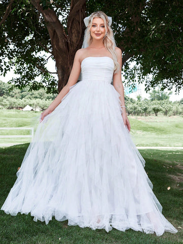 Solid Ruched Tube Wedding Dress