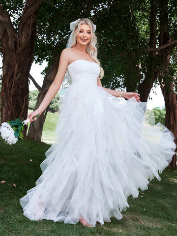 Solid Ruched Tube Wedding Dress