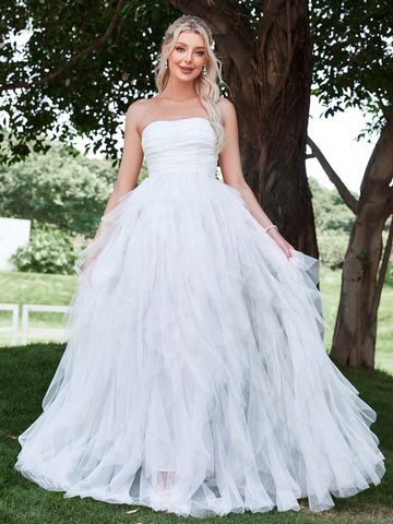 Solid Ruched Tube Wedding Dress