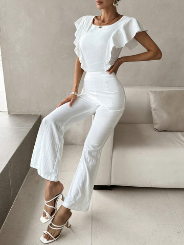 Solid Ruffle Trim Flare Leg Jumpsuit
