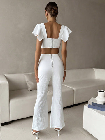 Solid Ruffle Trim Flare Leg Jumpsuit