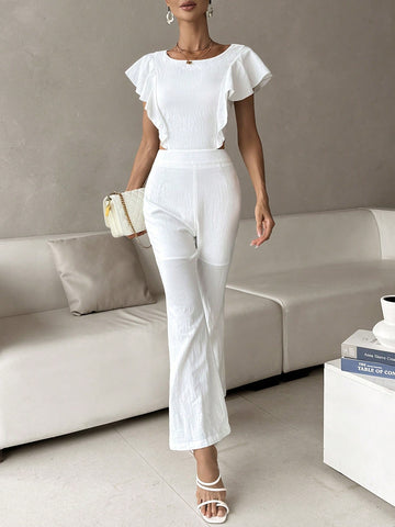 Solid Ruffle Trim Flare Leg Jumpsuit