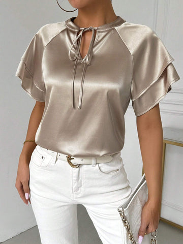 Solid Satin Ribbon Tie Collar Summer Casual Shirt