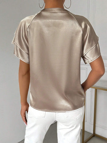 Solid Satin Ribbon Tie Collar Summer Casual Shirt