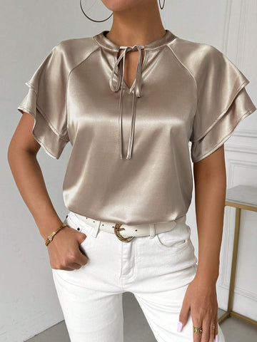 Solid Satin Ribbon Tie Collar Summer Casual Shirt