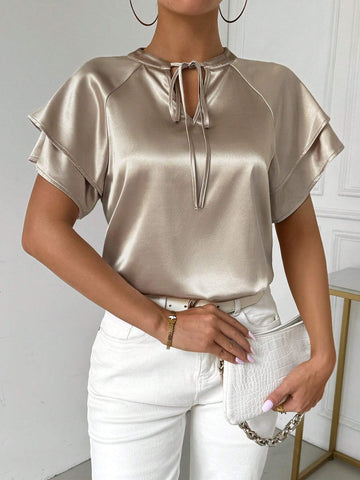 Solid Satin Ribbon Tie Collar Summer Casual Shirt