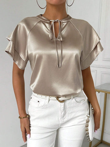 Solid Satin Ribbon Tie Collar Summer Casual Shirt