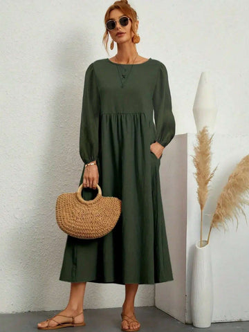 Solid Slant Pocket Smock Dress For Summer
