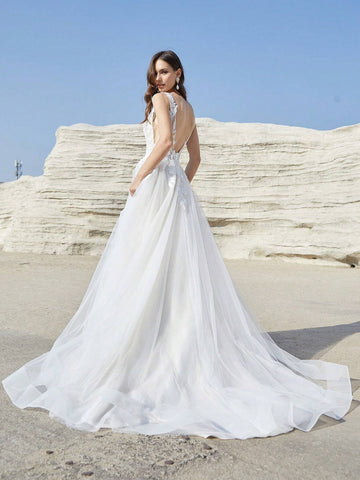 Solid Sleeveless Backless V-Neck Long Wedding Dress