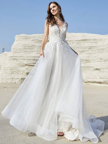 Solid Sleeveless Backless V-Neck Long Wedding Dress