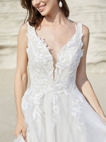 Solid Sleeveless Backless V-Neck Long Wedding Dress