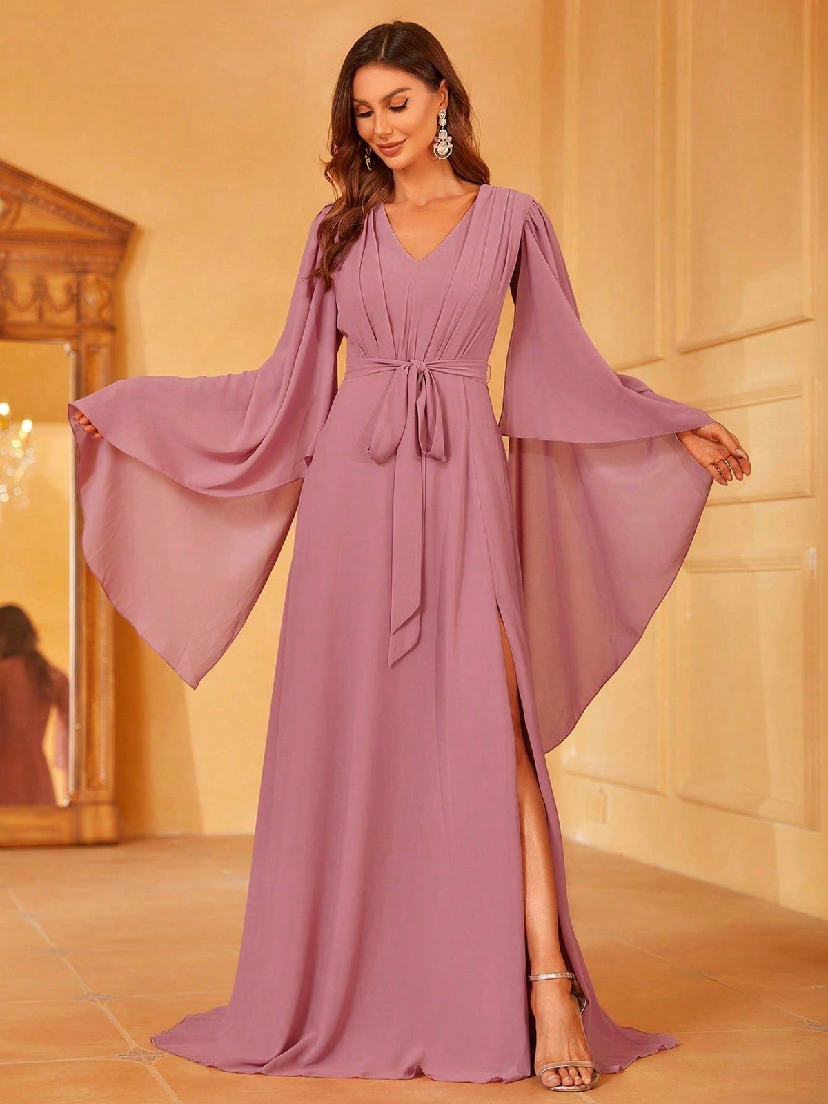 Solid Split Sleeve Chiffon Belted Dress