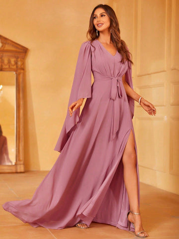 Solid Split Sleeve Chiffon Belted Dress