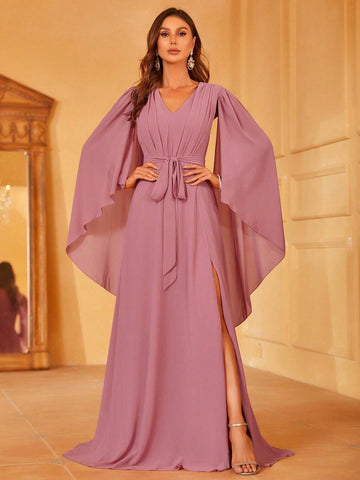 Solid Split Sleeve Chiffon Belted Dress