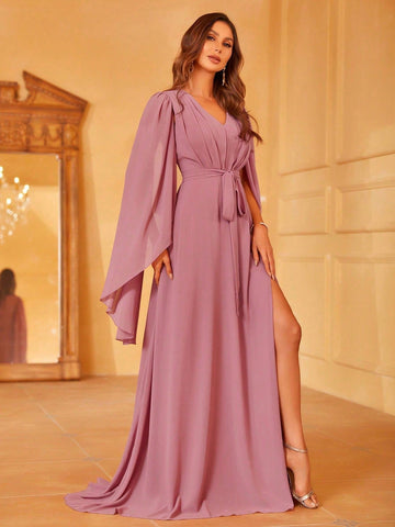 Solid Split Sleeve Chiffon Belted Dress