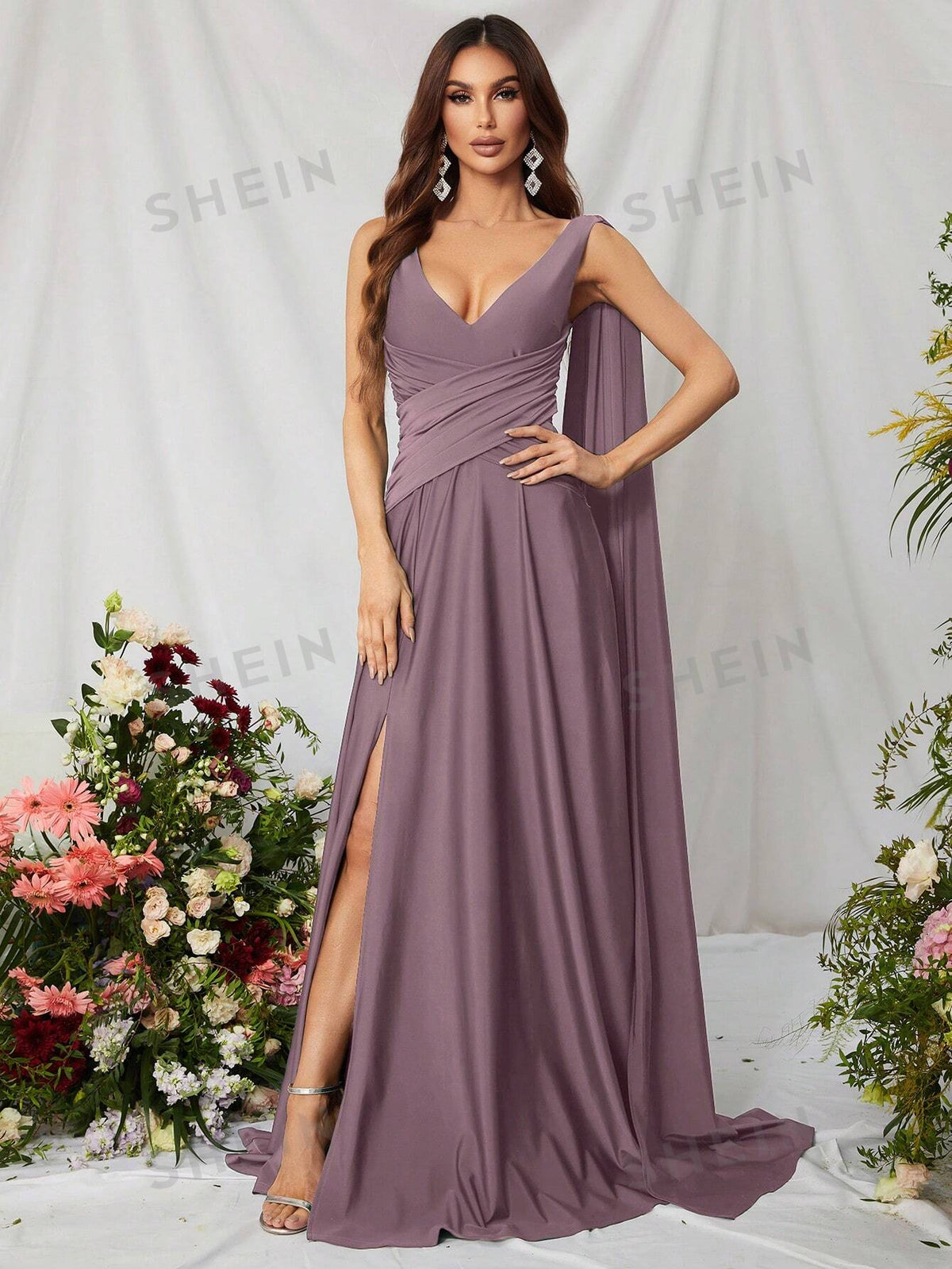Solid Split Thigh Draped Side Cross Wrap Satin Dress